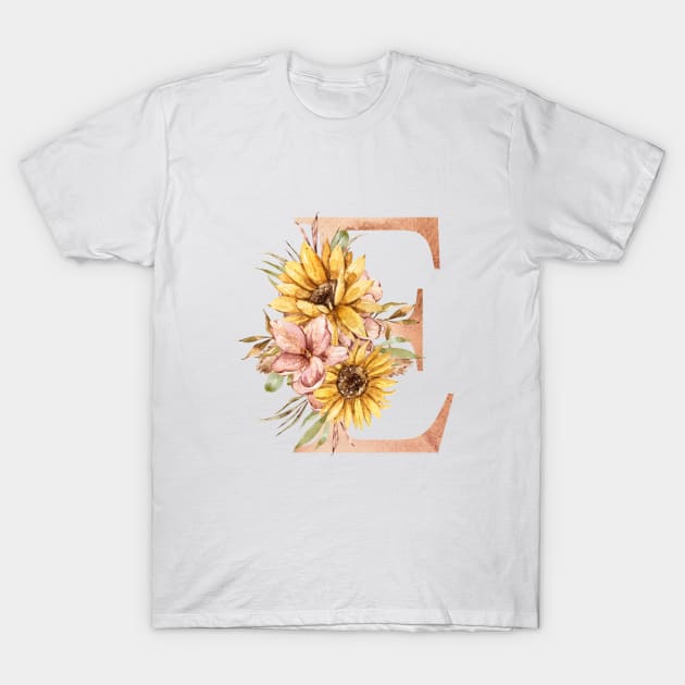 Watercolor sunflower floral  wedding monogram, E letter illustration T-Shirt by tiana geo